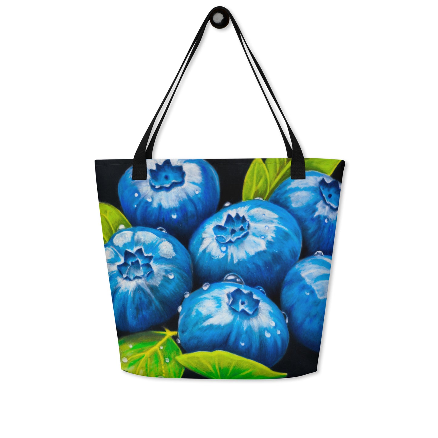 Large Tote Bag with Pocket - Blueberry Bliss - Berry Artwork with Dew Drops