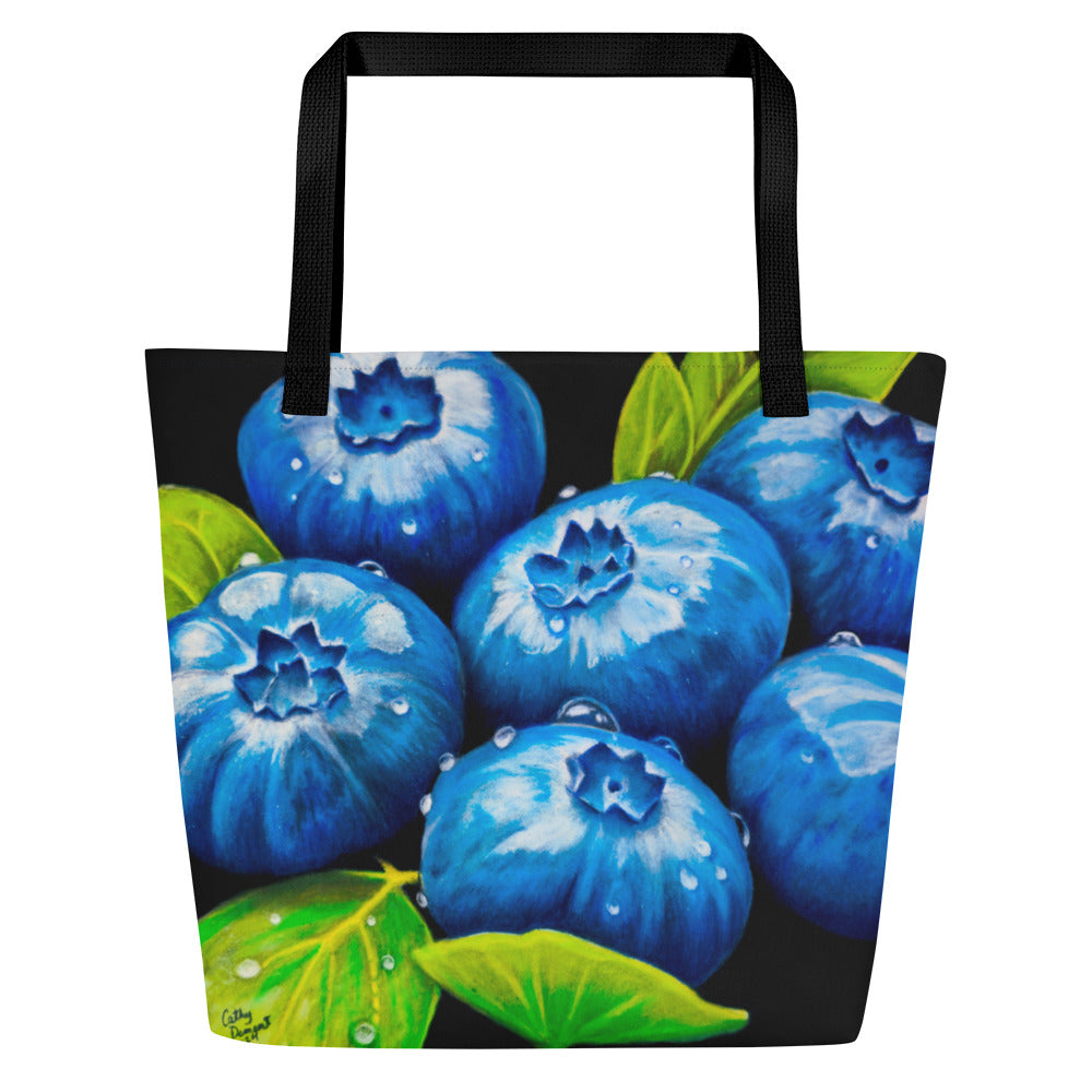 Large Tote Bag with Pocket - Blueberry Bliss - Berry Artwork with Dew Drops