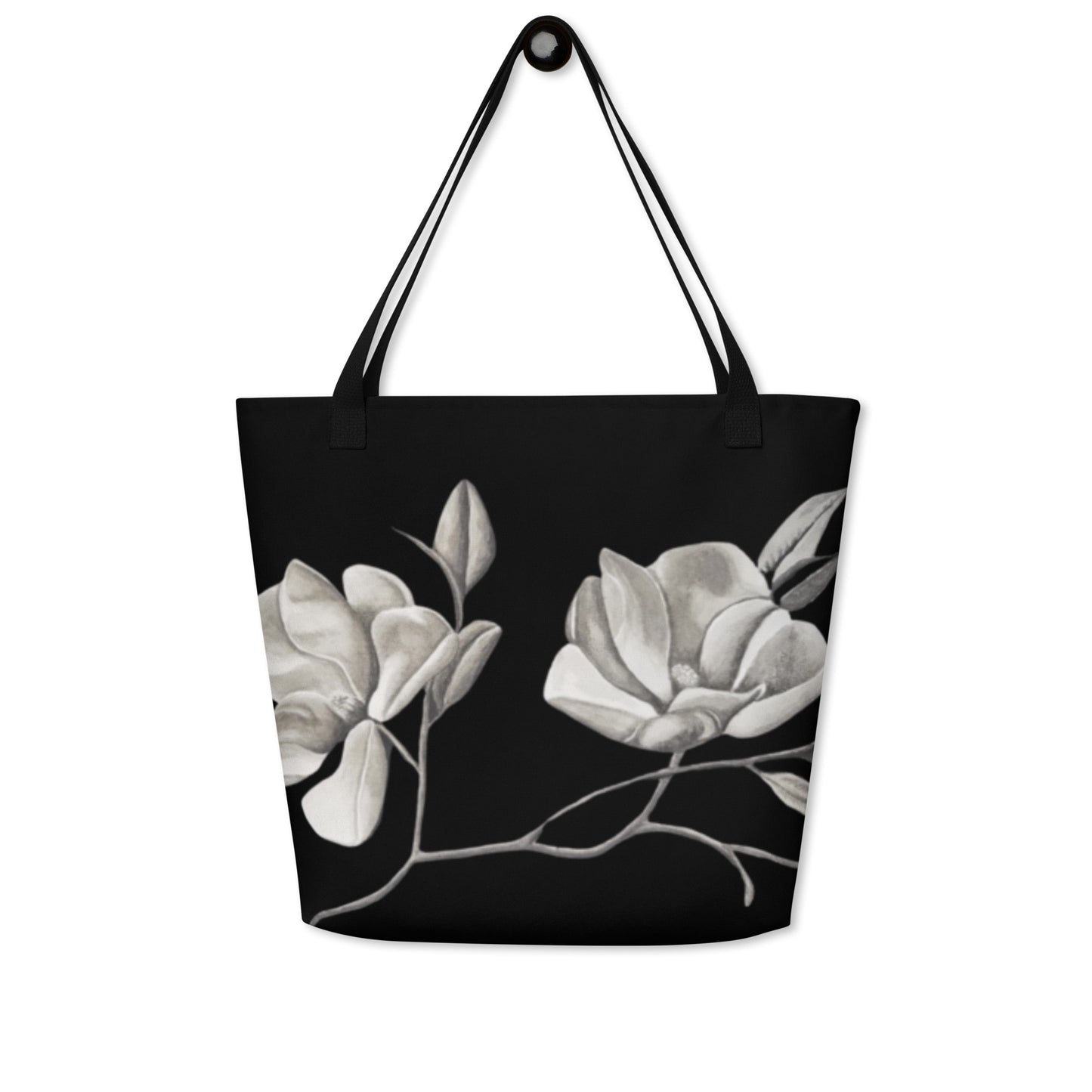 Large Tote Bag With Pocket - Midnight Magnolias - Monochrome Floral Artwork Design