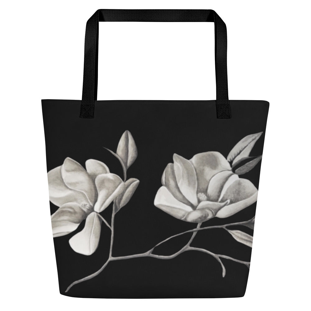 Large Tote Bag With Pocket - Midnight Magnolias - Monochrome Floral Artwork Design