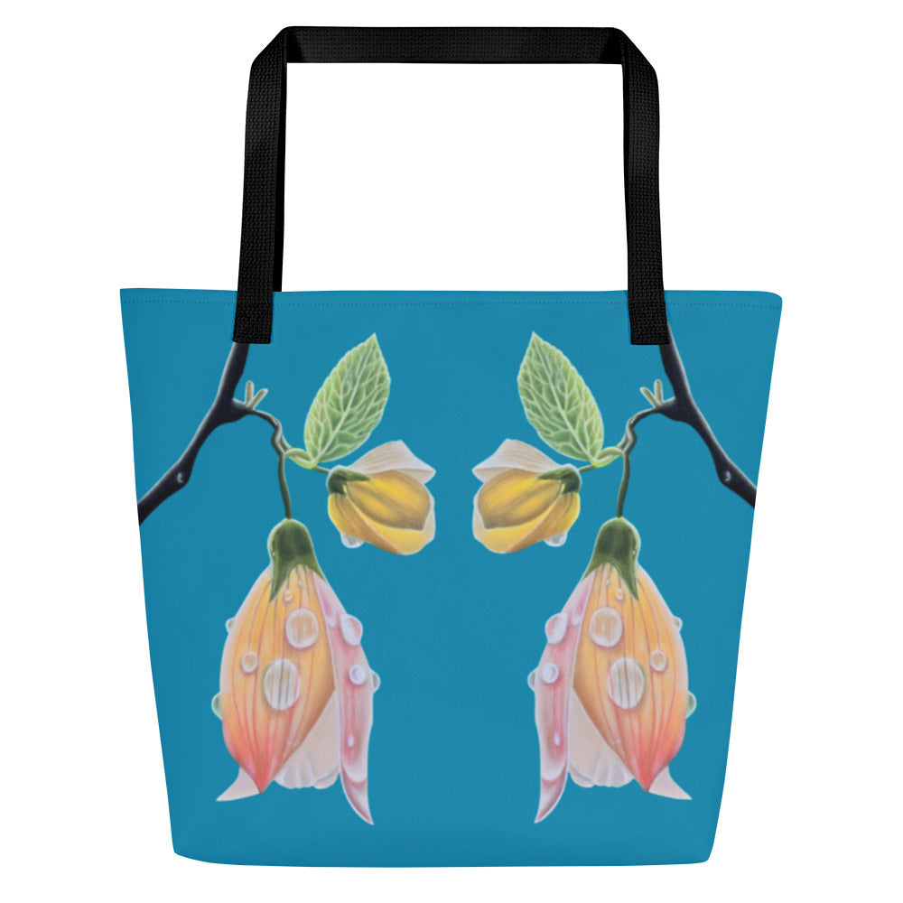 Large Tote Bag with Pocket - Tickled Pink, Colorful Abutilon Flower Artwork