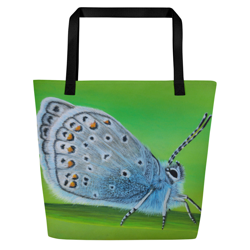 Large Tote Bag With Pocket - Gossamer Blue, Karner Blue Butterfly Artwork