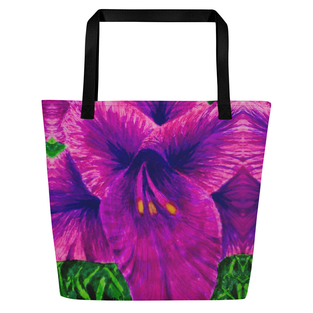 Large Tote Bag with Pocket - Royal Reverie, Purple Gladiola Flower Artwork
