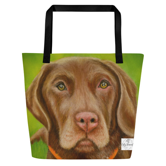 Large Tote Bag With Pocket - Chocolate Lab Dog Portrait, Artwork By Cathy Dement