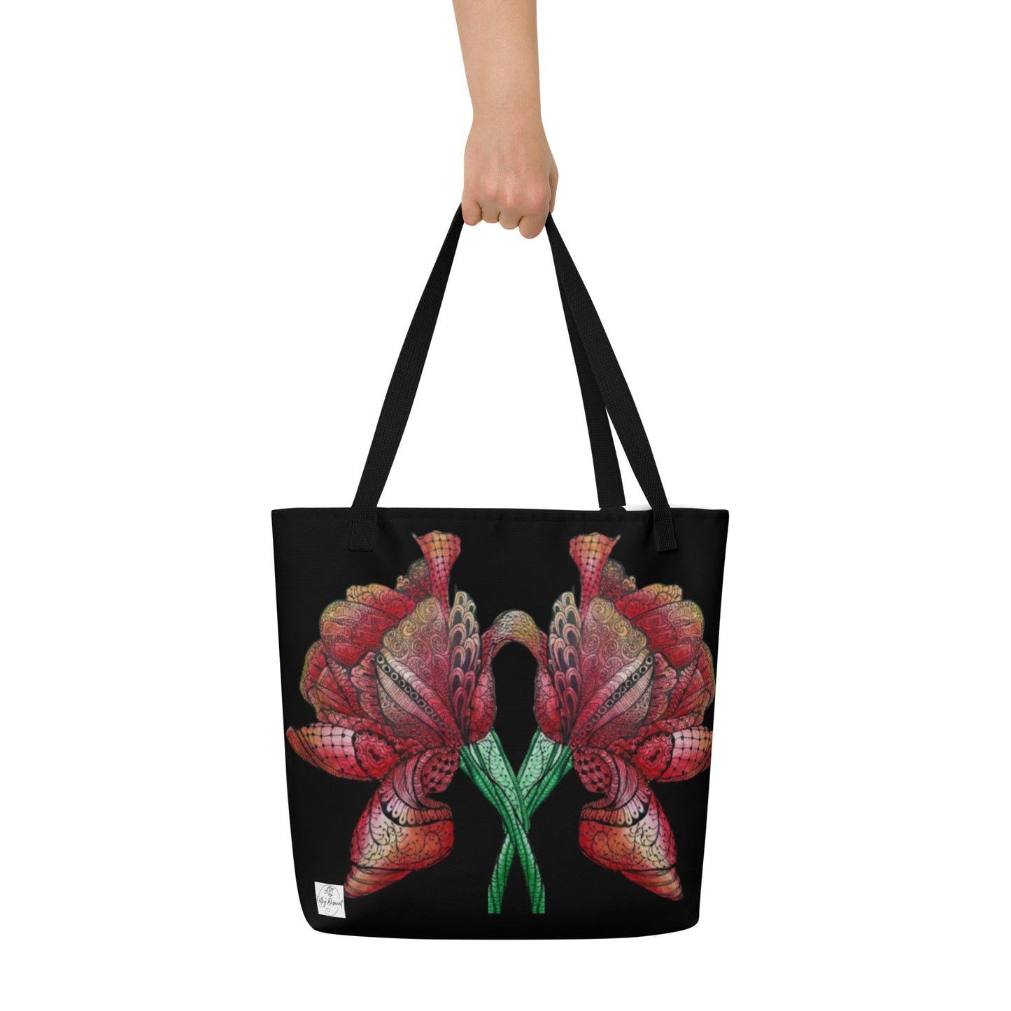 Large Tote Bag with Pocket: Zen Floral Harmony Zentangle Artwork Design - 16x20" Vibrant & Durable by Cathy Dement