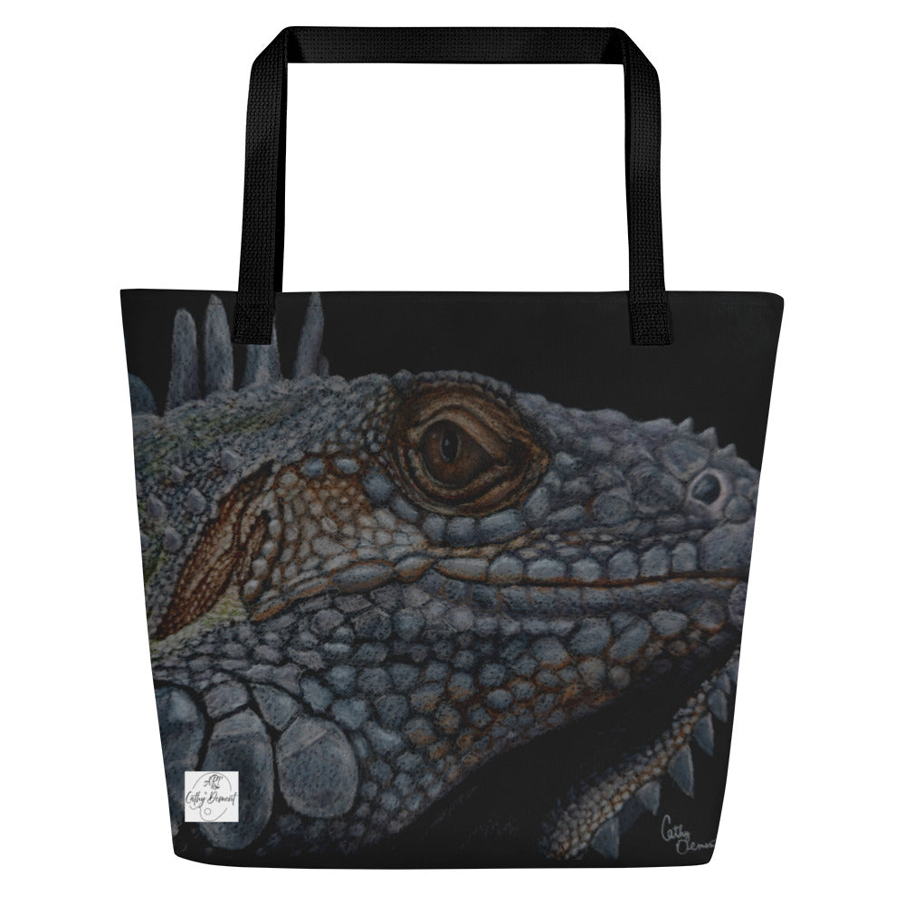 Large Tote Bag with Pocket: Reflective Reverie - Iguana's Gaze Artwork Design by Cathy Dement, 16x20