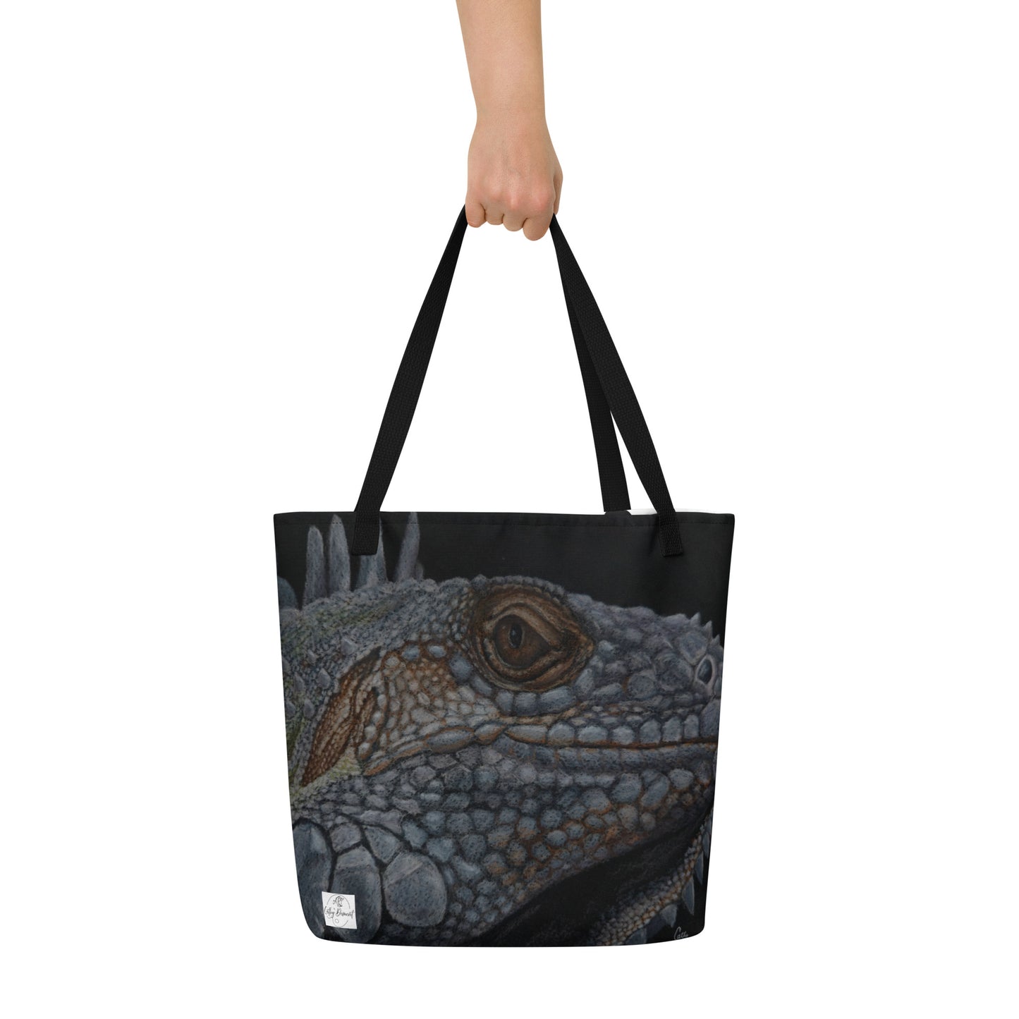 Large Tote Bag with Pocket: Reflective Reverie - Iguana's Gaze Artwork Design by Cathy Dement, 16x20