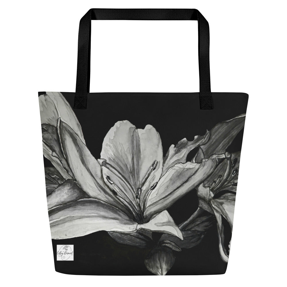 Large Tote Bag with Pocket: Floral Elegance - Lily Artwork Design by Cathy Dement, 16x20 Inches