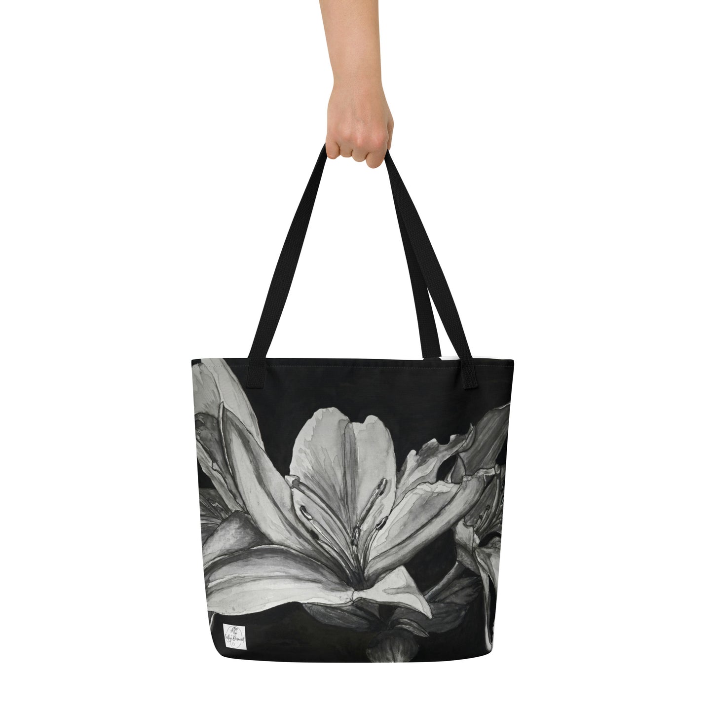 Large Tote Bag with Pocket: Floral Elegance - Lily Artwork Design by Cathy Dement, 16x20 Inches
