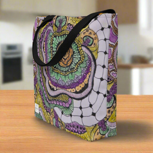 Tote Bag with Pocket: Zen Floral Bliss - Floral Zentangle Artwork Design by Cathy Dement, 16x20 Inches