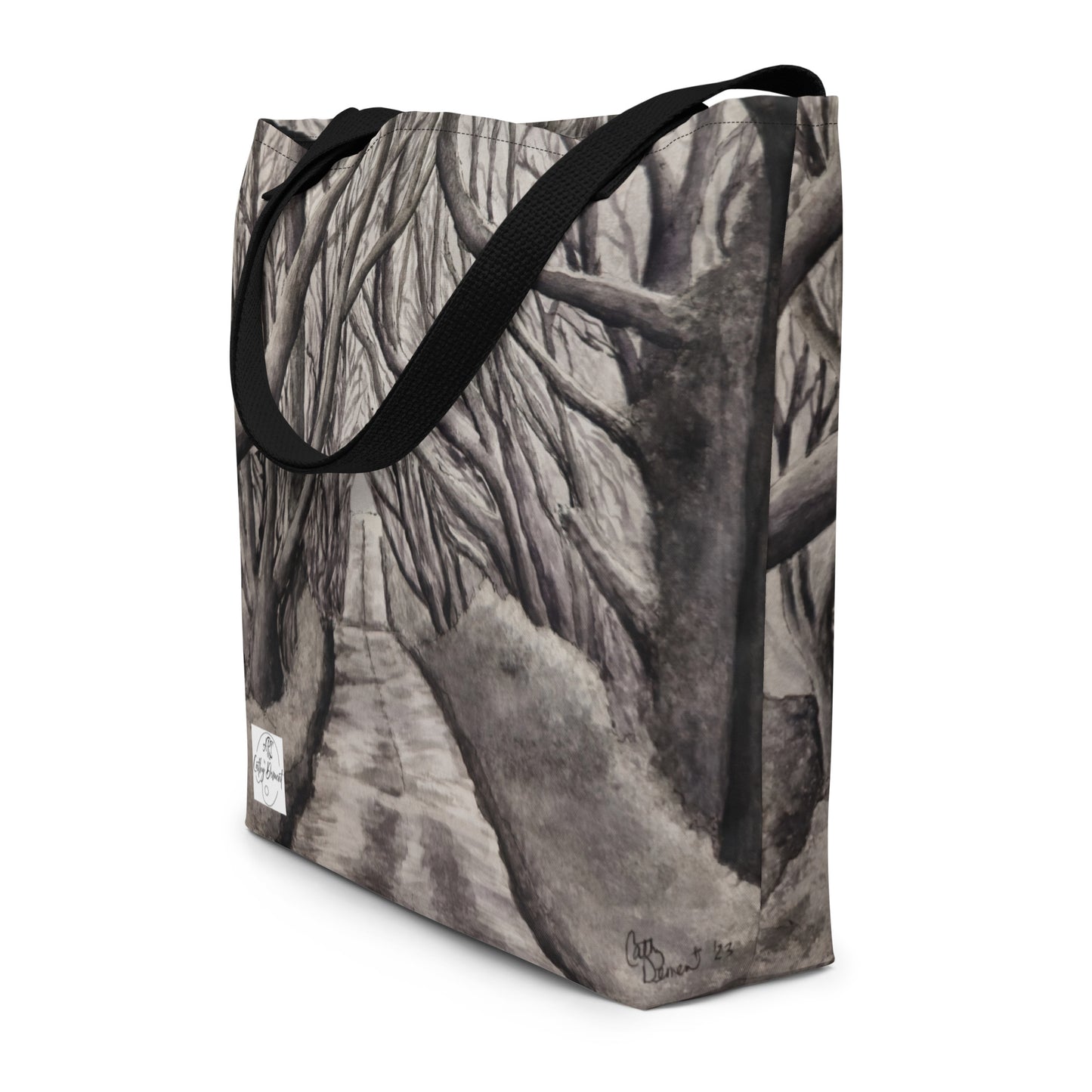 Large Tote Bag with Pocket: Tranquil Timber Forest Path Artwork Design by Cathy Dement, 16x20 Inches