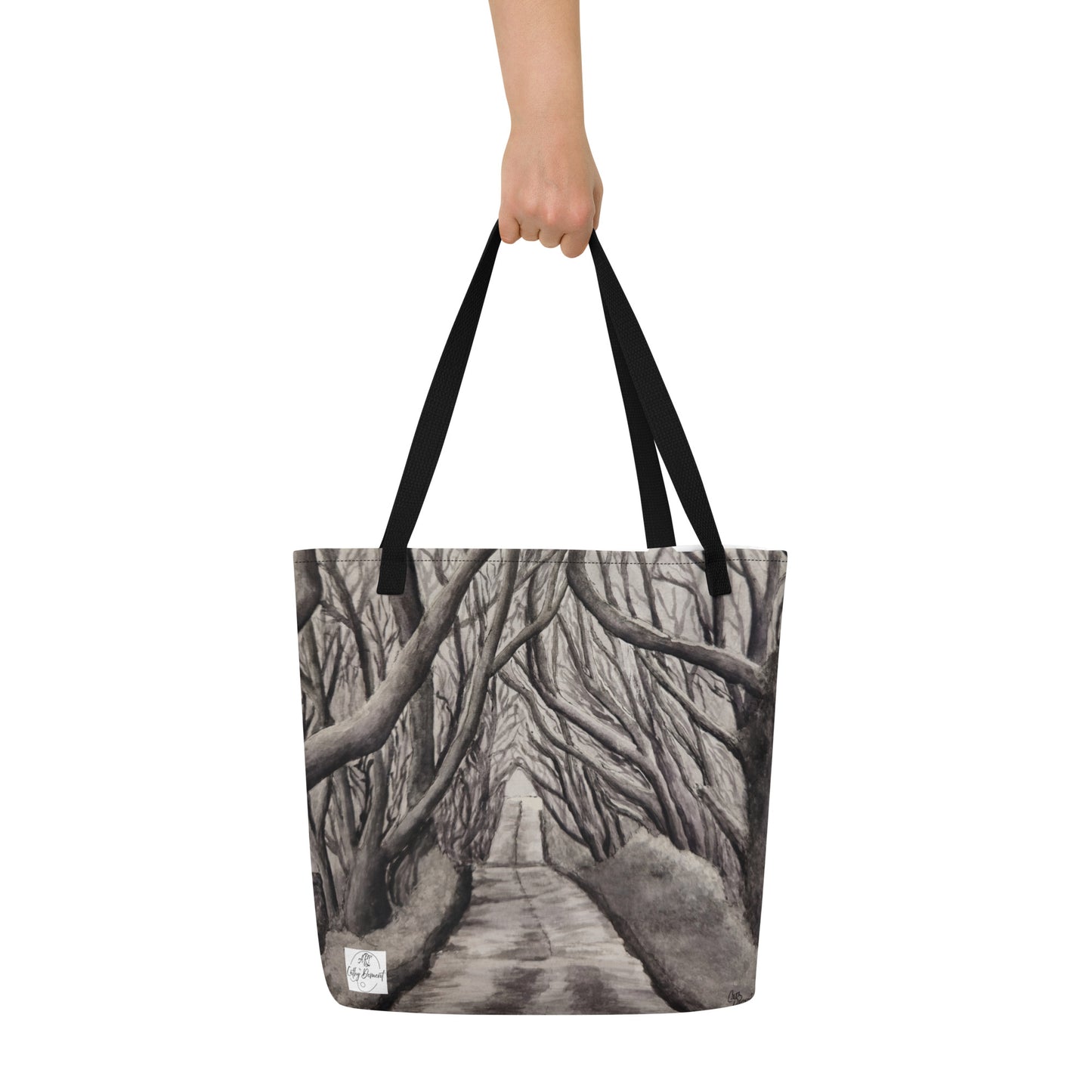 Large Tote Bag with Pocket: Tranquil Timber Forest Path Artwork Design by Cathy Dement, 16x20 Inches