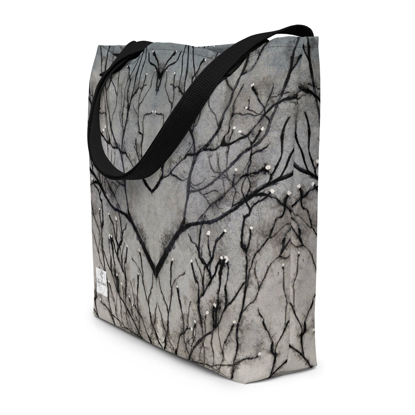 Large Tote Bag with Pocket: Tranquil Dawn Misty Morning - Serene Tree Branches with Dew Drops Design by Cathy Dement, 16x20 Inches