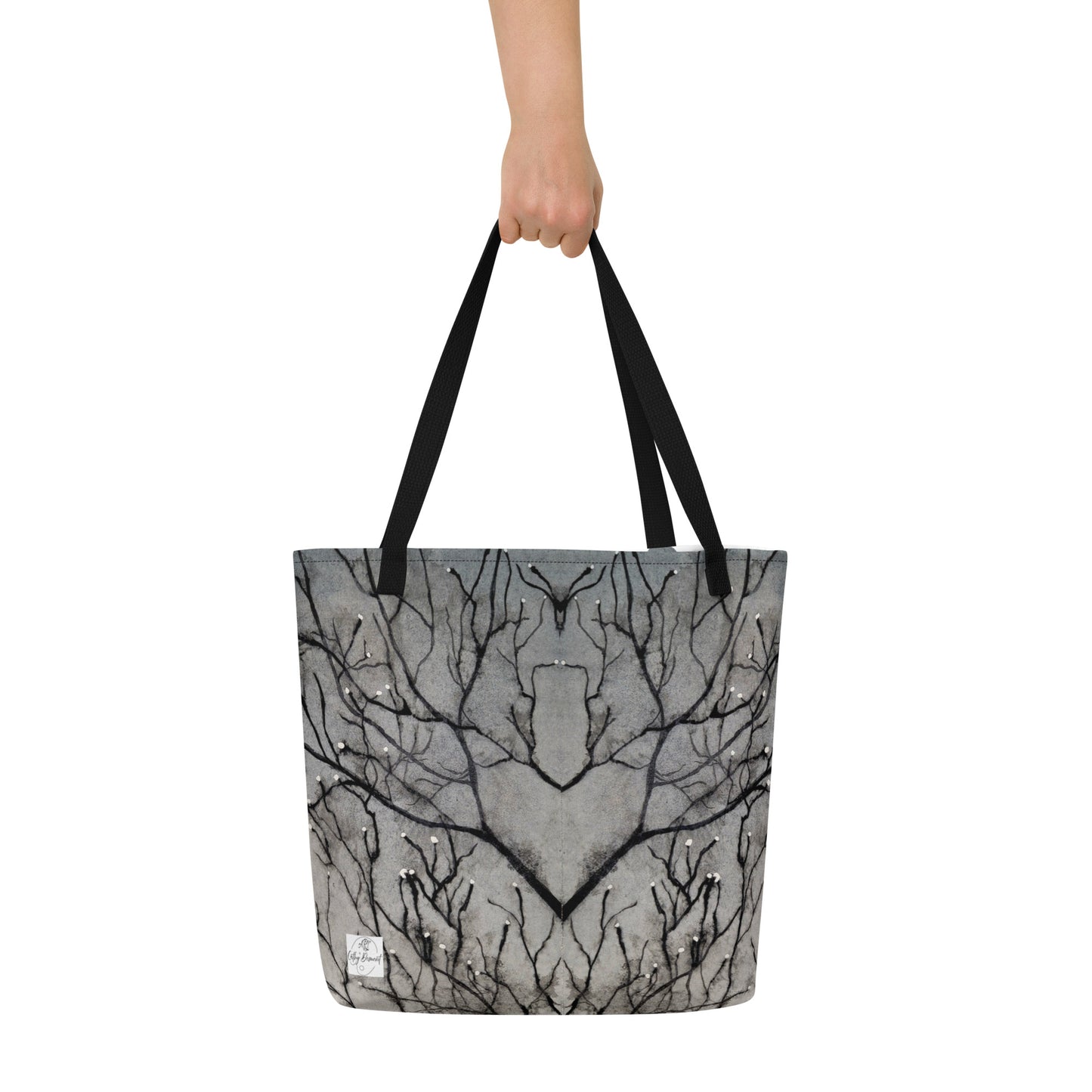 Large Tote Bag with Pocket: Tranquil Dawn Misty Morning - Serene Tree Branches with Dew Drops Design by Cathy Dement, 16x20 Inches