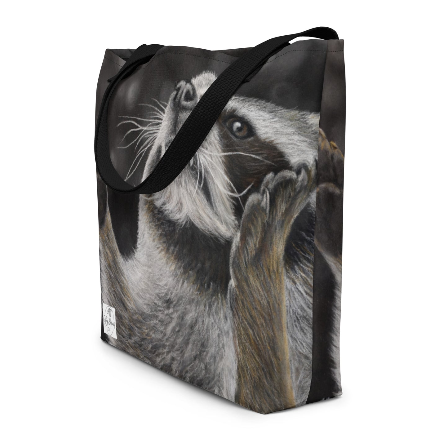 Large Tote Bag with Pocket: Catching Snowflakes - Cute Raccoon Artwork Design by Cathy Dement, 16x20 Inches