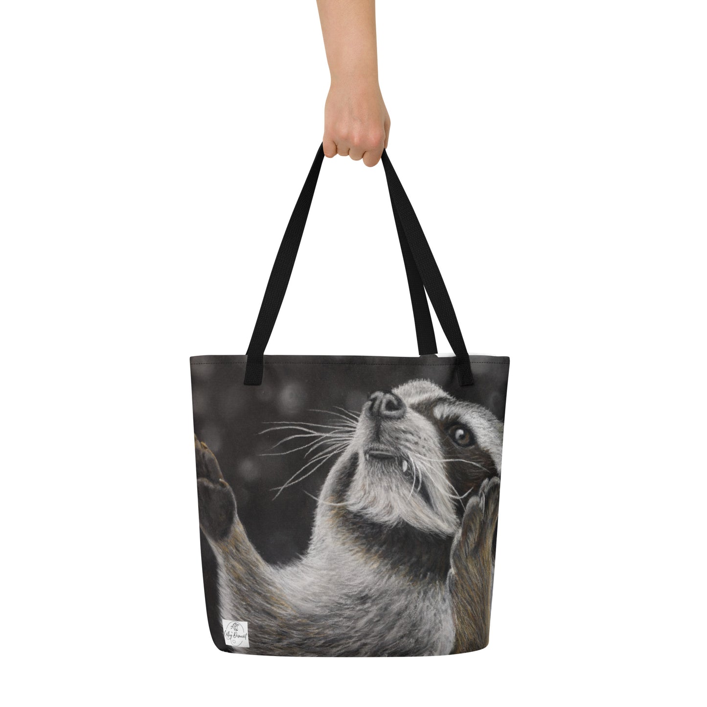 Large Tote Bag with Pocket: Catching Snowflakes - Cute Raccoon Artwork Design by Cathy Dement, 16x20 Inches