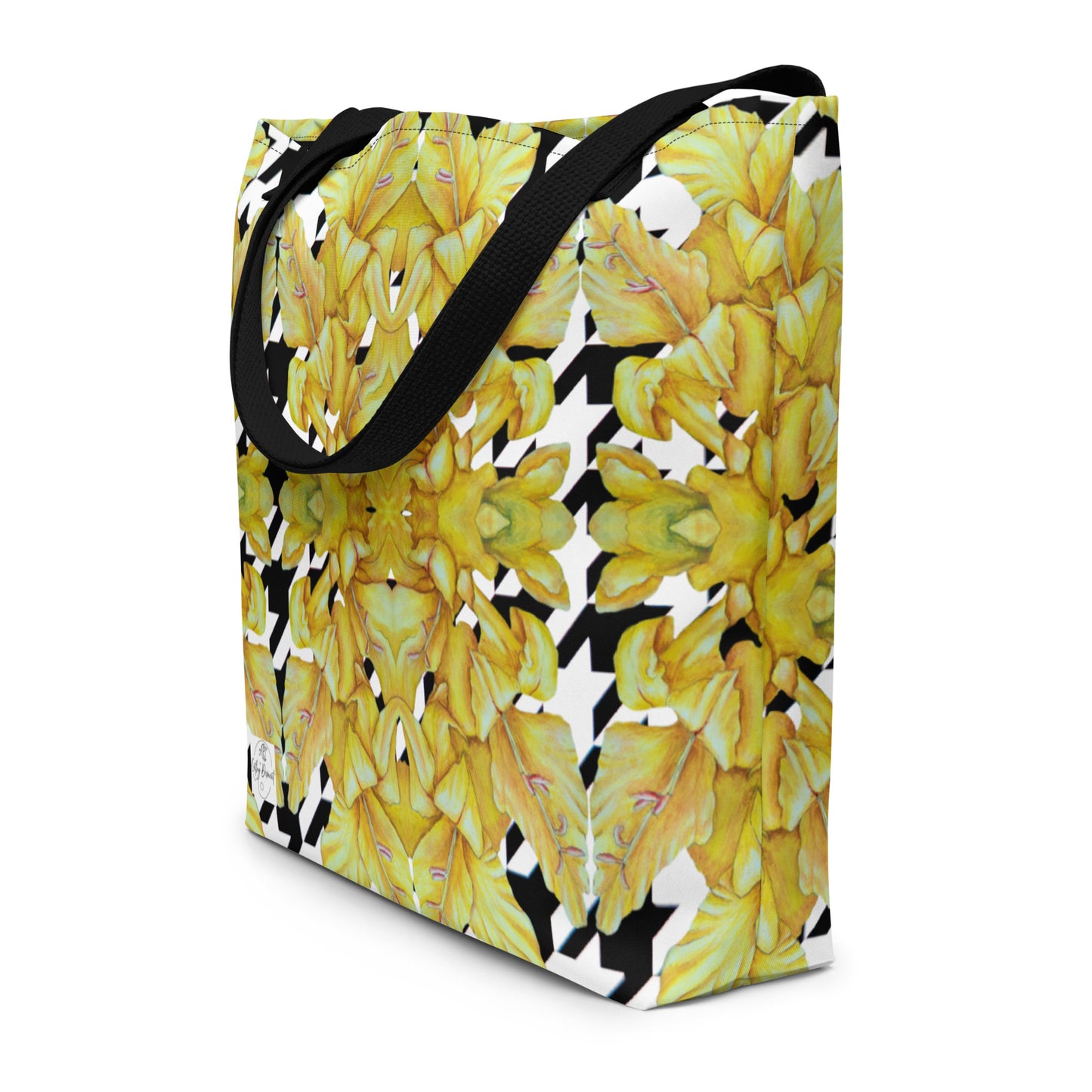 Large Tote Bag with Pocket: Hounds Tooth Pattern With Yellow Gladiola Artwork Design by Cathy Dement, 16x20 Inches