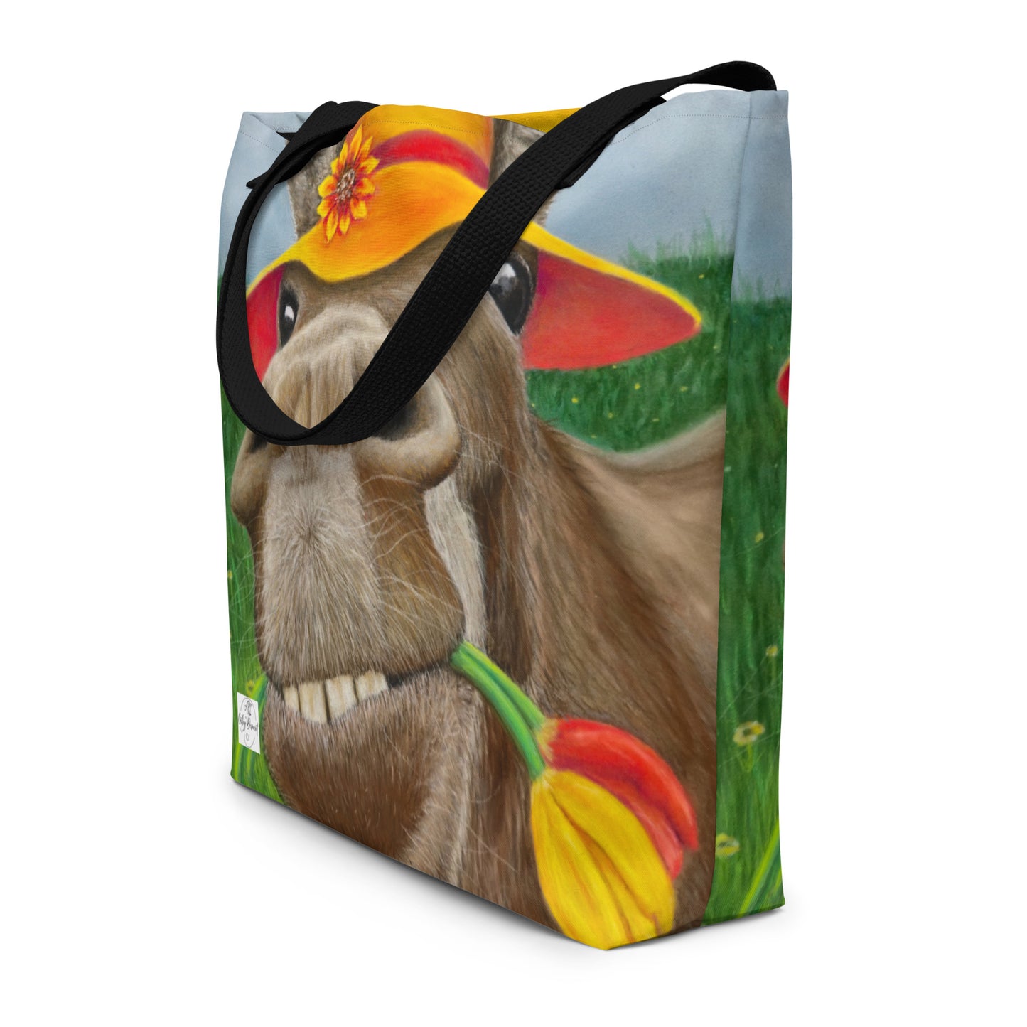 Large Tote Bag with Pocket: The Tulip Thief Whimsical Donkey in Floppy Hat Artwork Design by Cathy Dement, 16x20 Inches