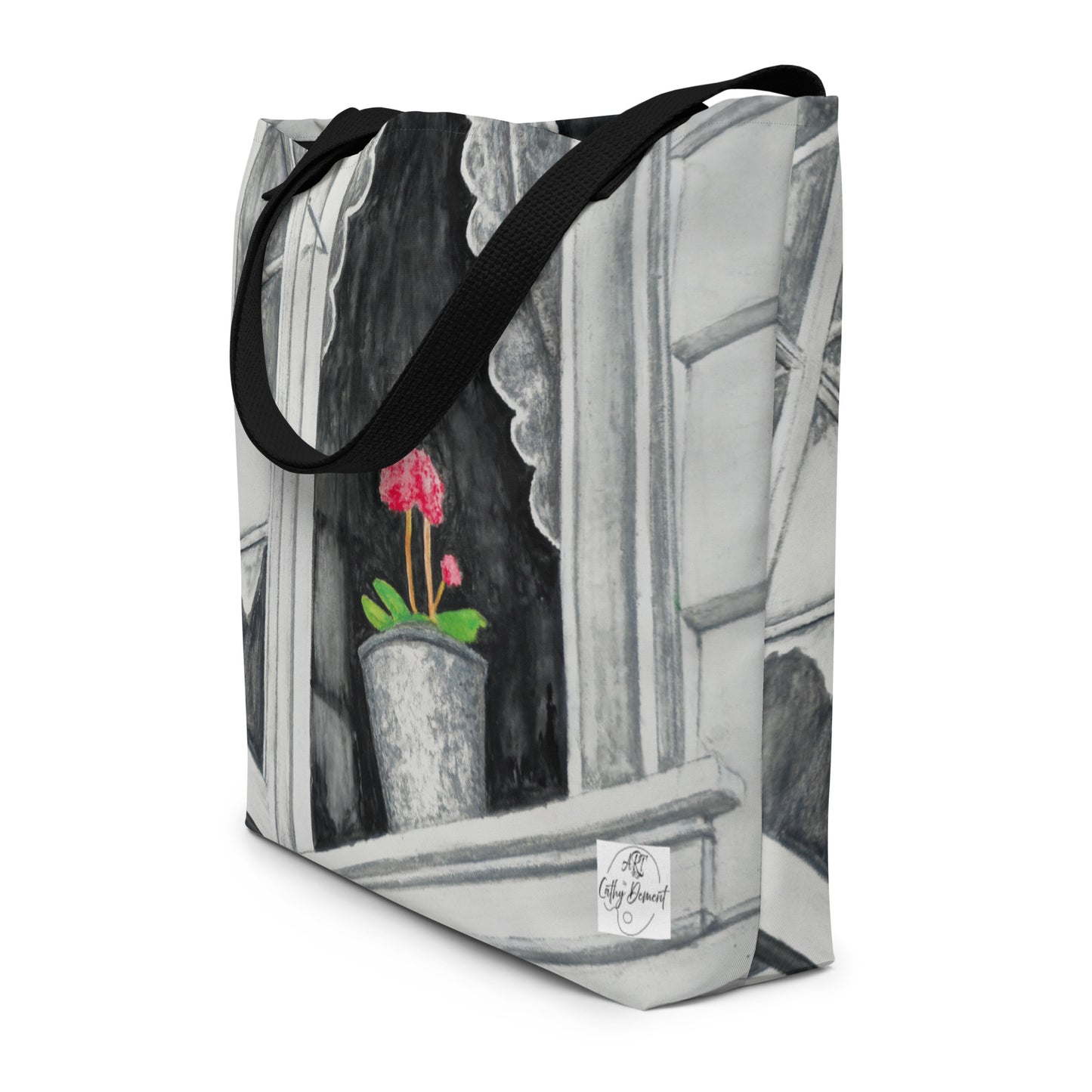 Large Tote Bag with Pocket: Stavanger Bloom Monochrome Window Portrait with Pink Flower Artwork Design by Cathy Dement, 16x20 Inches