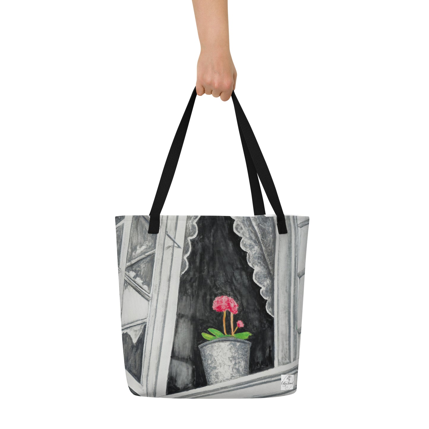 Large Tote Bag with Pocket: Stavanger Bloom Monochrome Window Portrait with Pink Flower Artwork Design by Cathy Dement, 16x20 Inches