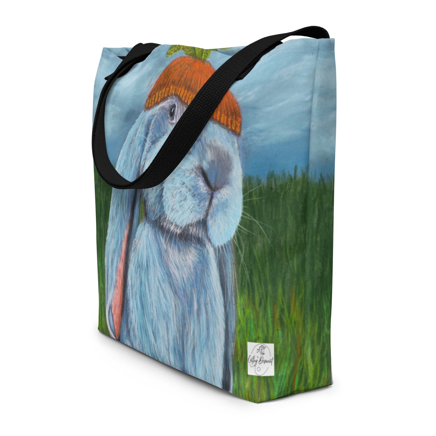 Large Tote Bag with Pocket: Carrot Couture - Whimsical Rabbit in Knit Carrot Cap Artwork Design by Cathy Dement, 16x20 Inches
