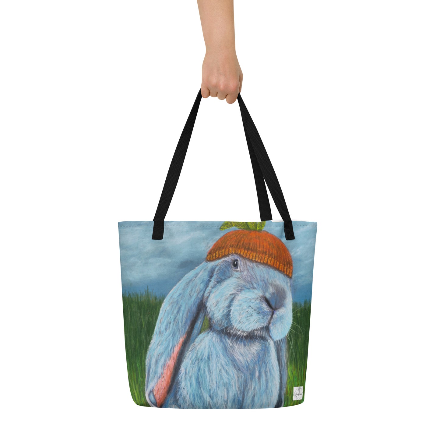 Large Tote Bag with Pocket: Carrot Couture - Whimsical Rabbit in Knit Carrot Cap Artwork Design by Cathy Dement, 16x20 Inches