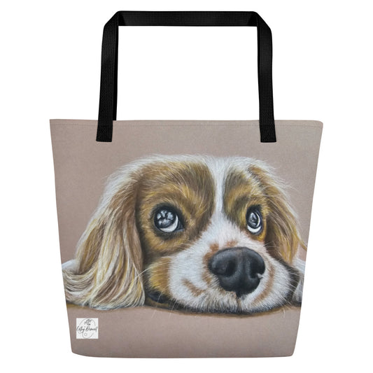 Large Tote Bag with Pocket - Cavalier Curiosity - King Charles Cavalier Spaniel, Cute Dog Artwork