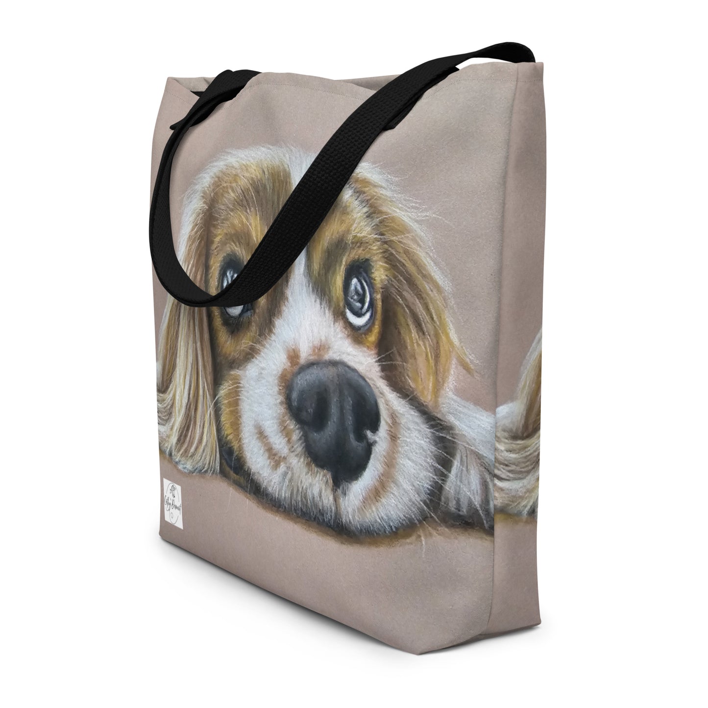 Large Tote Bag with Pocket - Cavalier Curiosity - King Charles Cavalier Spaniel, Cute Dog Artwork