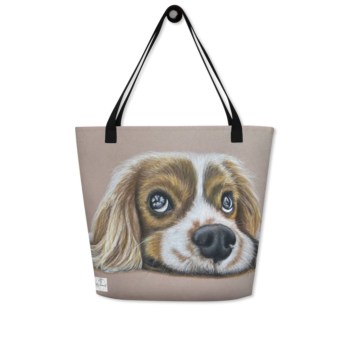Large Tote Bag with Pocket - Cavalier Curiosity - King Charles Cavalier Spaniel, Cute Dog Artwork