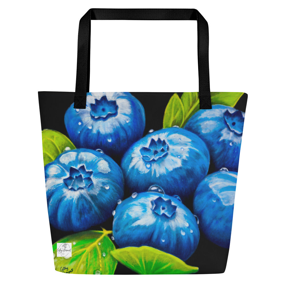 Large Tote Bag with Pocket - Blueberry Bliss - Berry Artwork with Dew Drops