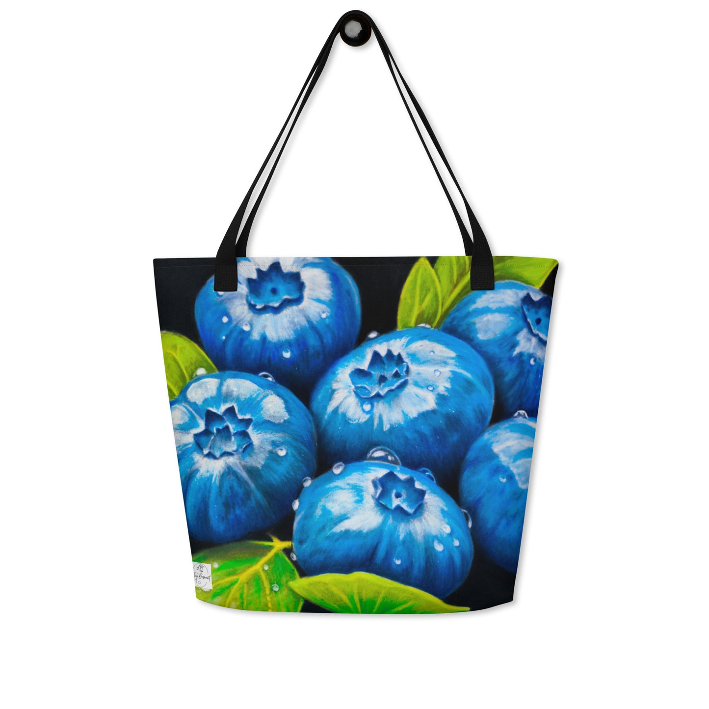 Large Tote Bag with Pocket - Blueberry Bliss - Berry Artwork with Dew Drops