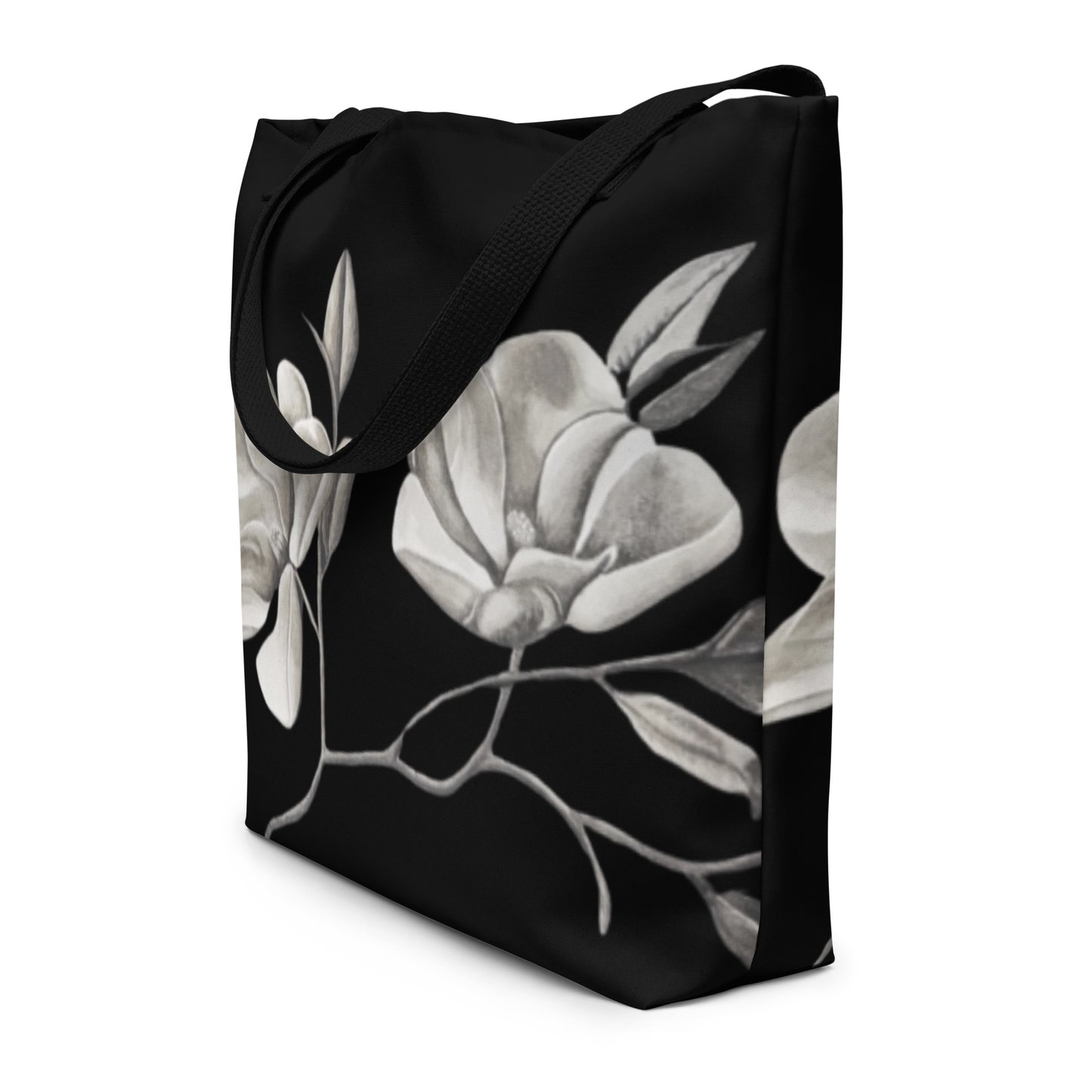 Large Tote Bag With Pocket - Midnight Magnolias - Monochrome Floral Artwork Design