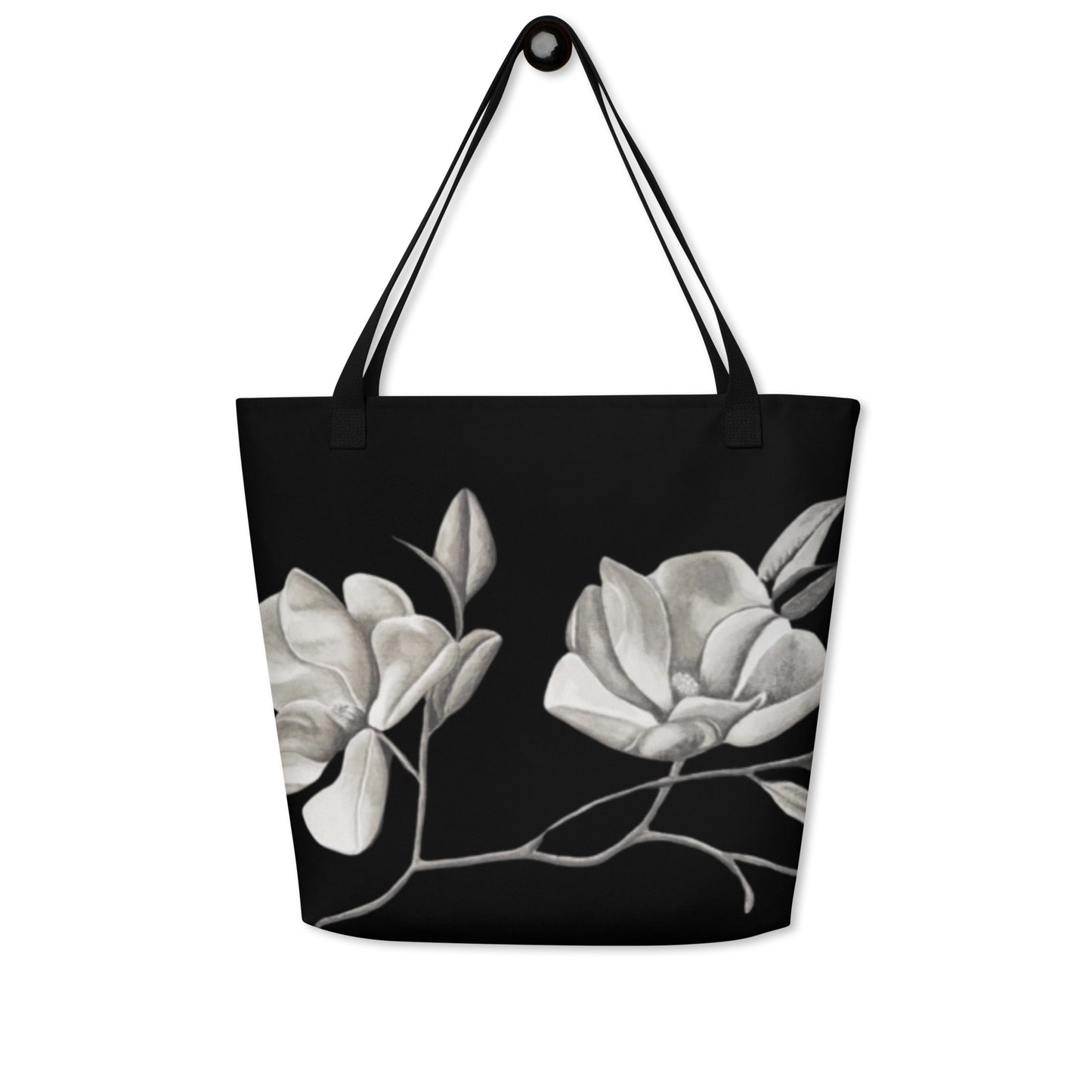 Large Tote Bag With Pocket - Midnight Magnolias - Monochrome Floral Artwork Design