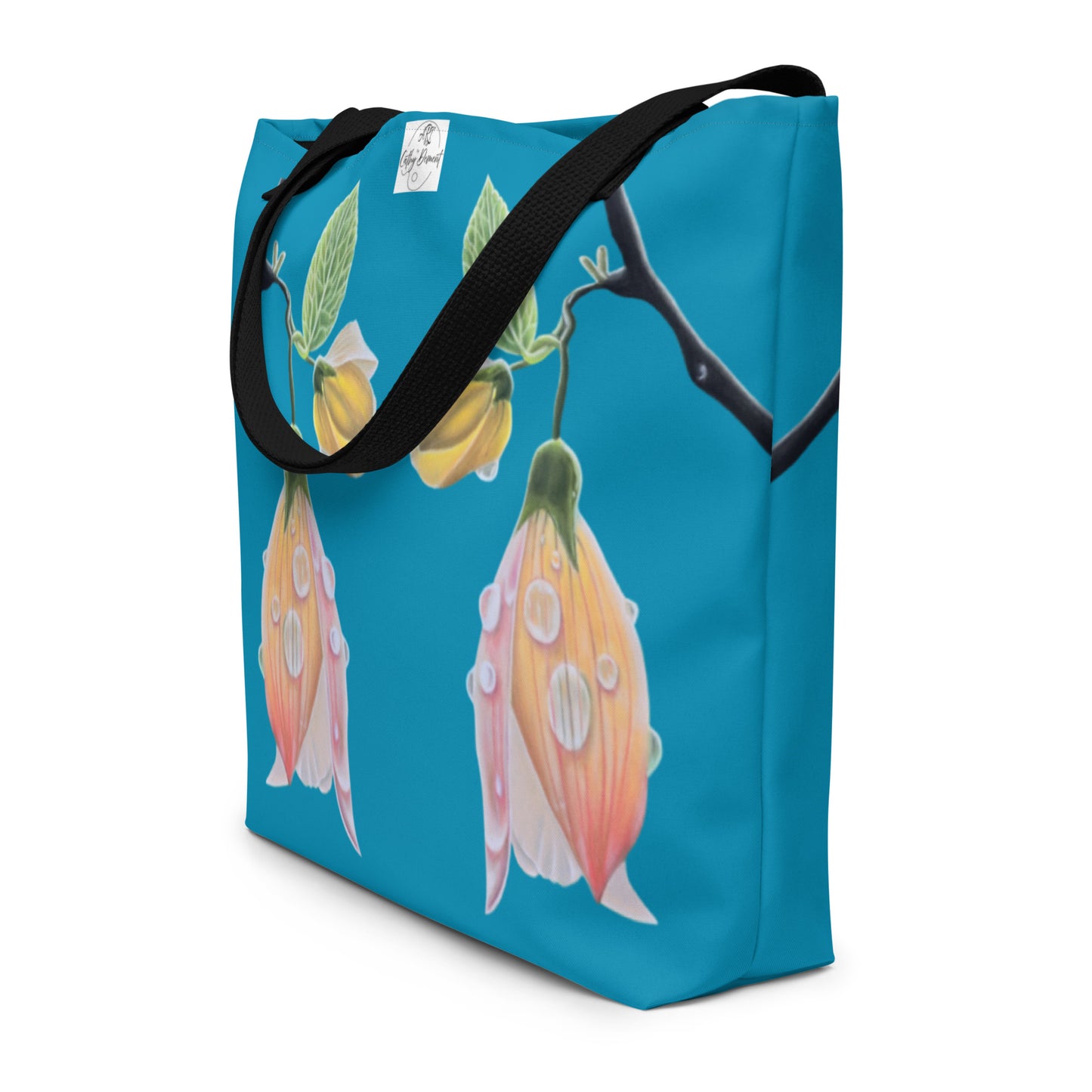 Large Tote Bag with Pocket - Tickled Pink, Colorful Abutilon Flower Artwork