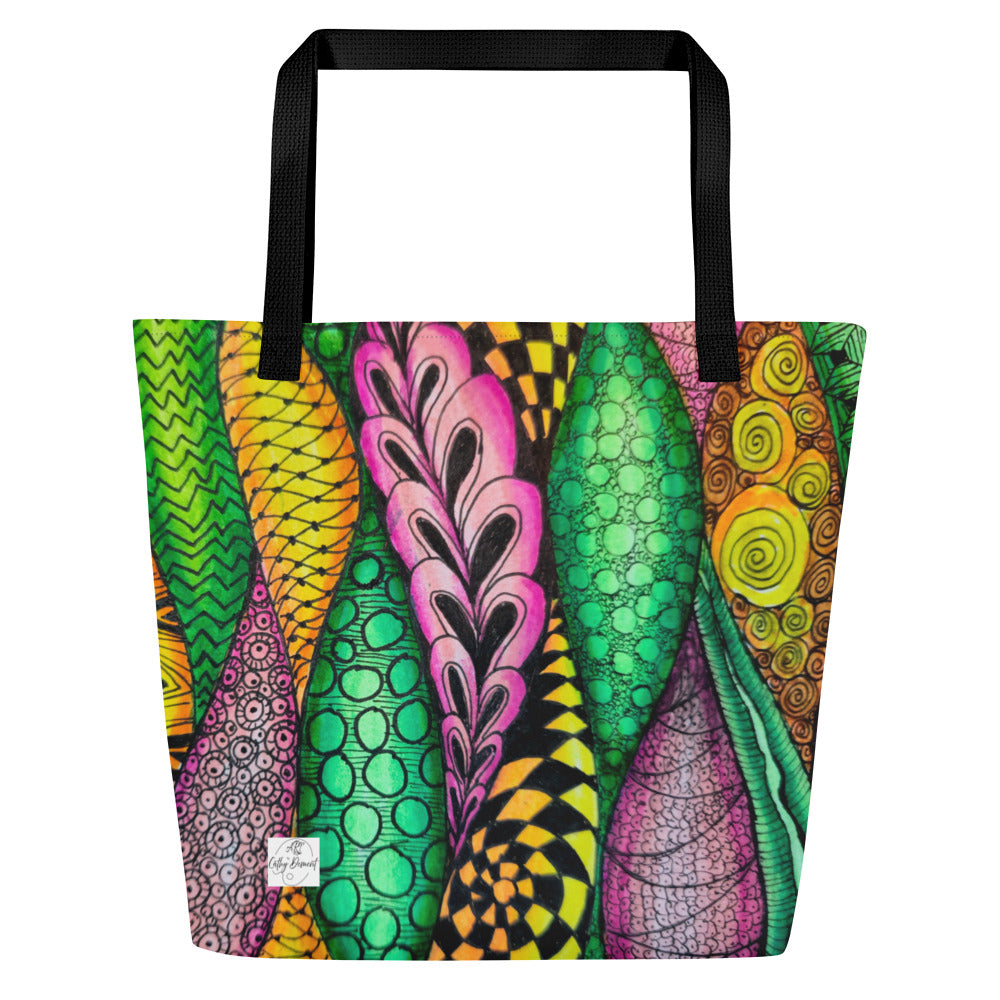 Large Tote Bag With Pocket - Zen Bloom, Colorful Zentangle, Floral Artwork Design