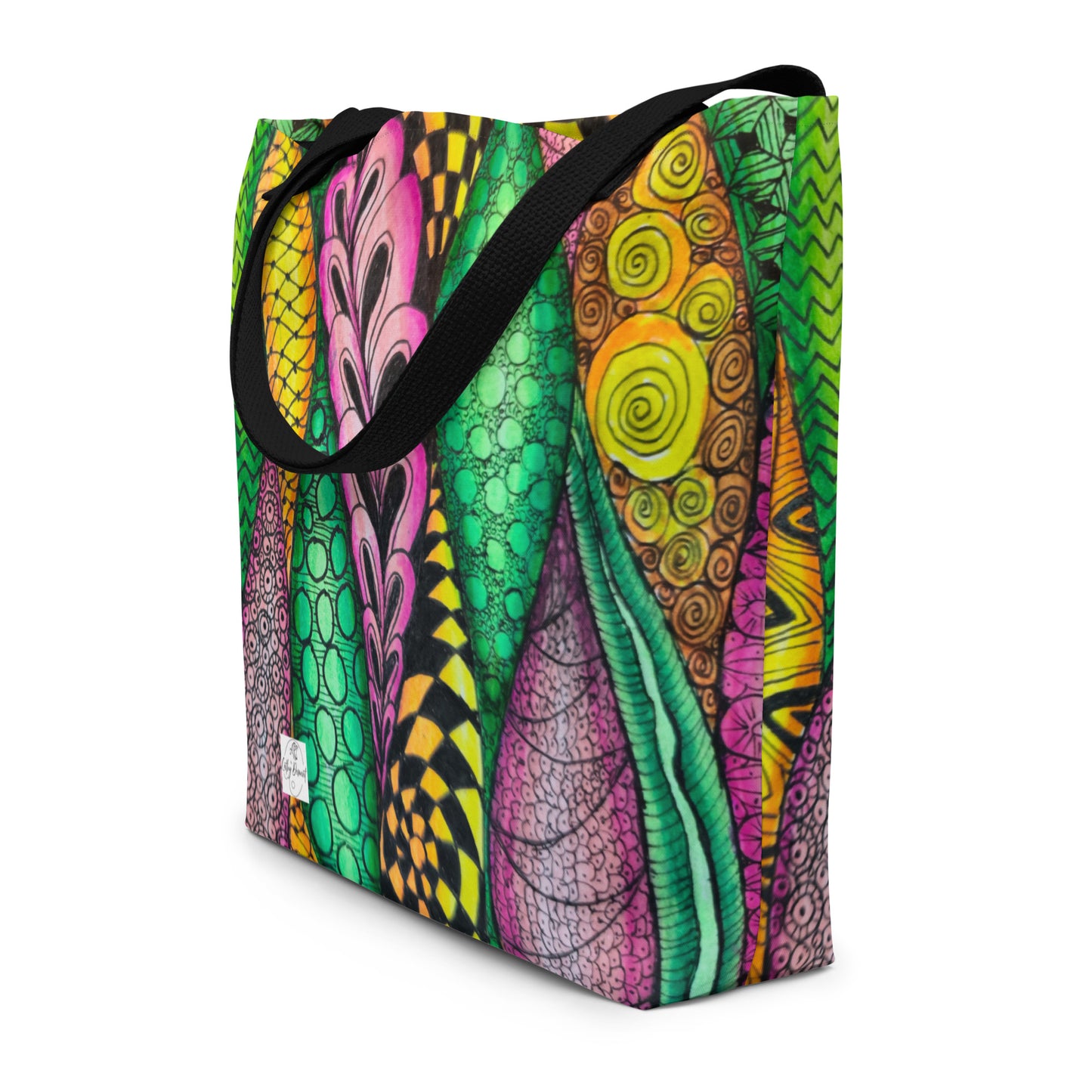 Large Tote Bag With Pocket - Zen Bloom, Colorful Zentangle, Floral Artwork Design