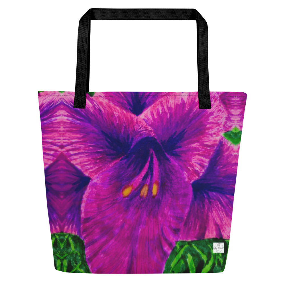 Large Tote Bag with Pocket - Royal Reverie, Purple Gladiola Flower Artwork