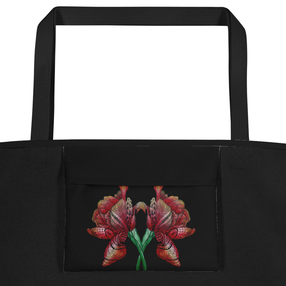 Large Tote Bag with Pocket: Zen Floral Harmony Zentangle Artwork Design - 16x20" Vibrant & Durable by Cathy Dement