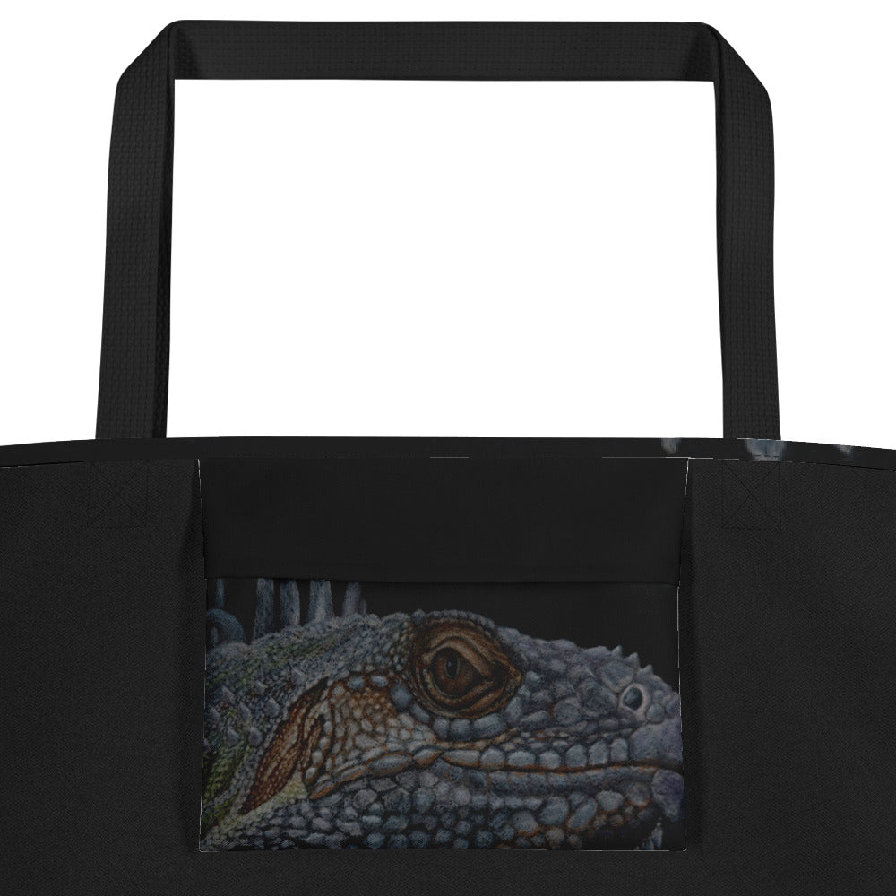 Large Tote Bag with Pocket: Reflective Reverie - Iguana's Gaze Artwork Design by Cathy Dement, 16x20