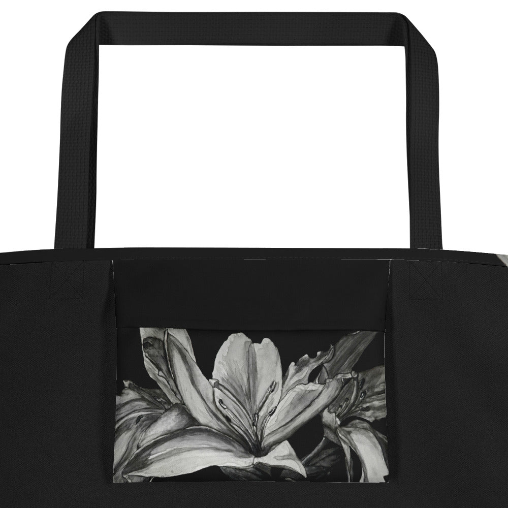 Large Tote Bag with Pocket: Floral Elegance - Lily Artwork Design by Cathy Dement, 16x20 Inches