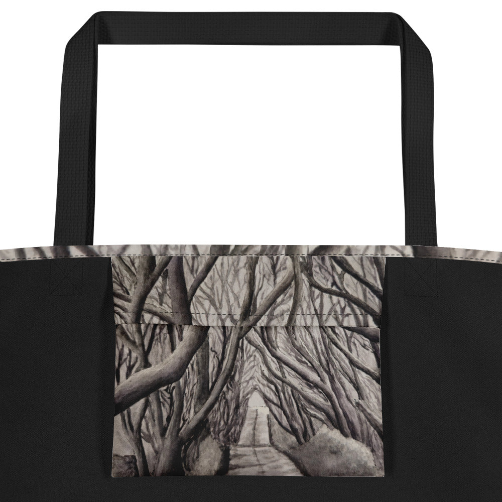 Large Tote Bag with Pocket: Tranquil Timber Forest Path Artwork Design by Cathy Dement, 16x20 Inches