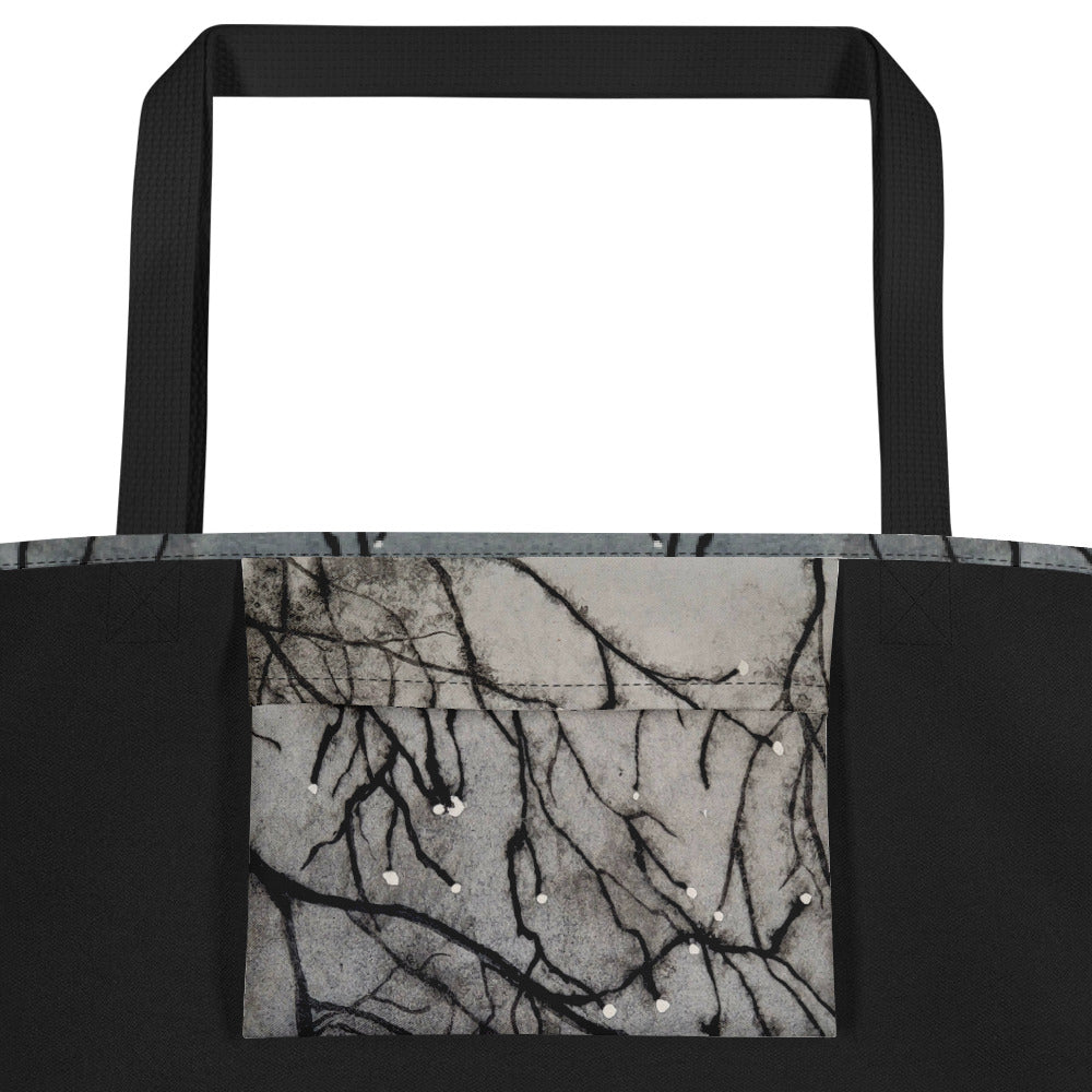 Large Tote Bag with Pocket: Tranquil Dawn Misty Morning - Serene Tree Branches with Dew Drops Design by Cathy Dement, 16x20 Inches