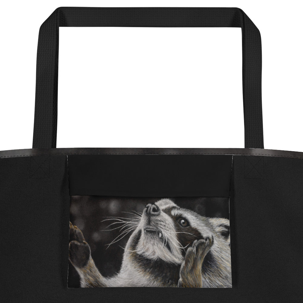 Large Tote Bag with Pocket: Catching Snowflakes - Cute Raccoon Artwork Design by Cathy Dement, 16x20 Inches