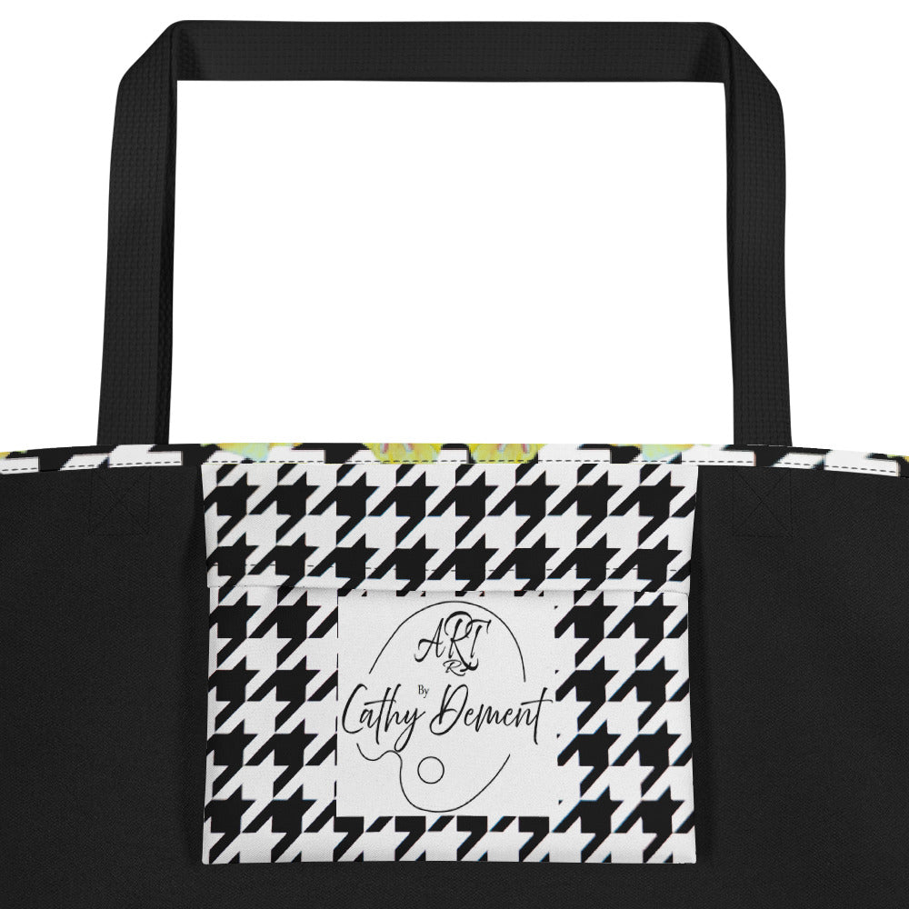 Large Tote Bag with Pocket: Hounds Tooth Pattern With Yellow Gladiola Artwork Design by Cathy Dement, 16x20 Inches