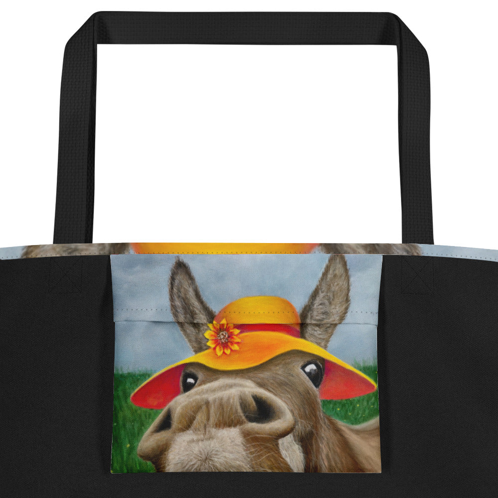 Large Tote Bag with Pocket: The Tulip Thief Whimsical Donkey in Floppy Hat Artwork Design by Cathy Dement, 16x20 Inches