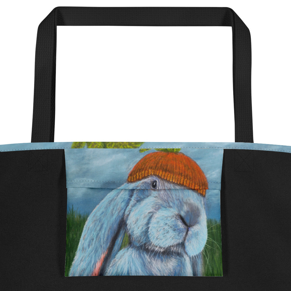 Large Tote Bag with Pocket: Carrot Couture - Whimsical Rabbit in Knit Carrot Cap Artwork Design by Cathy Dement, 16x20 Inches