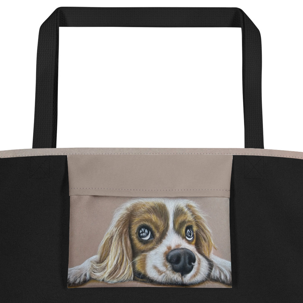 Large Tote Bag with Pocket - Cavalier Curiosity - King Charles Cavalier Spaniel, Cute Dog Artwork