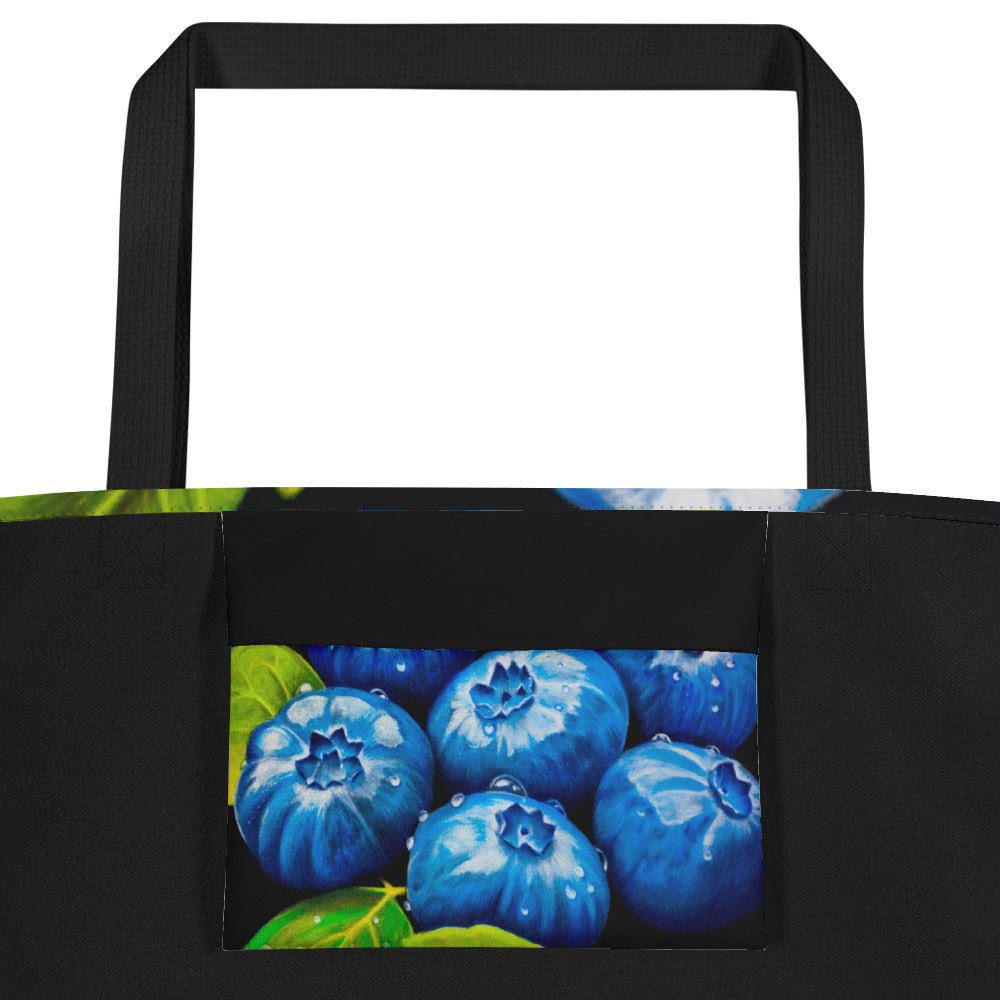 Large Tote Bag with Pocket - Blueberry Bliss - Berry Artwork with Dew Drops