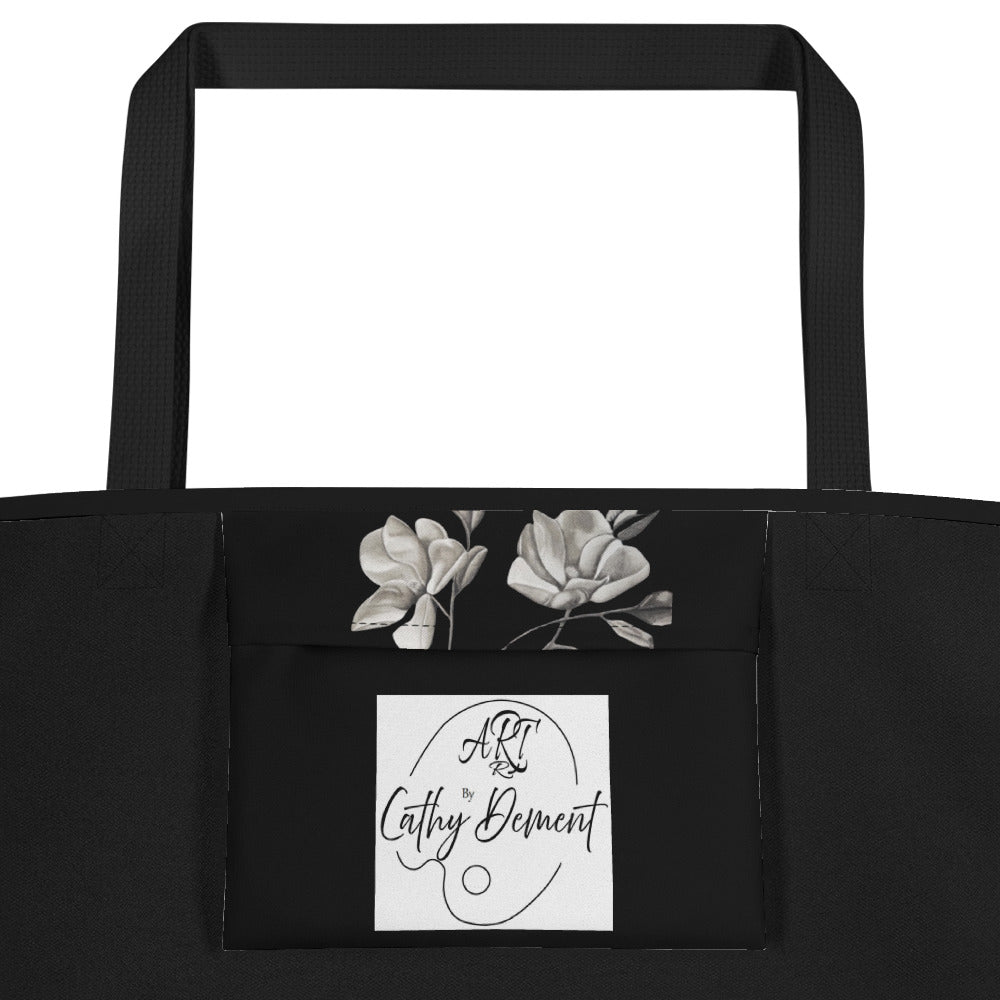 Large Tote Bag With Pocket - Midnight Magnolias - Monochrome Floral Artwork Design