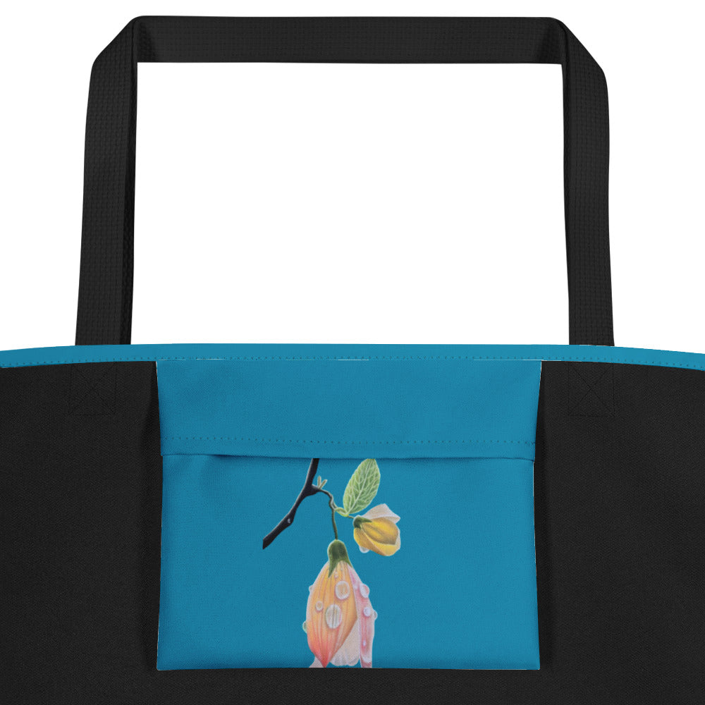 Large Tote Bag with Pocket - Tickled Pink, Colorful Abutilon Flower Artwork